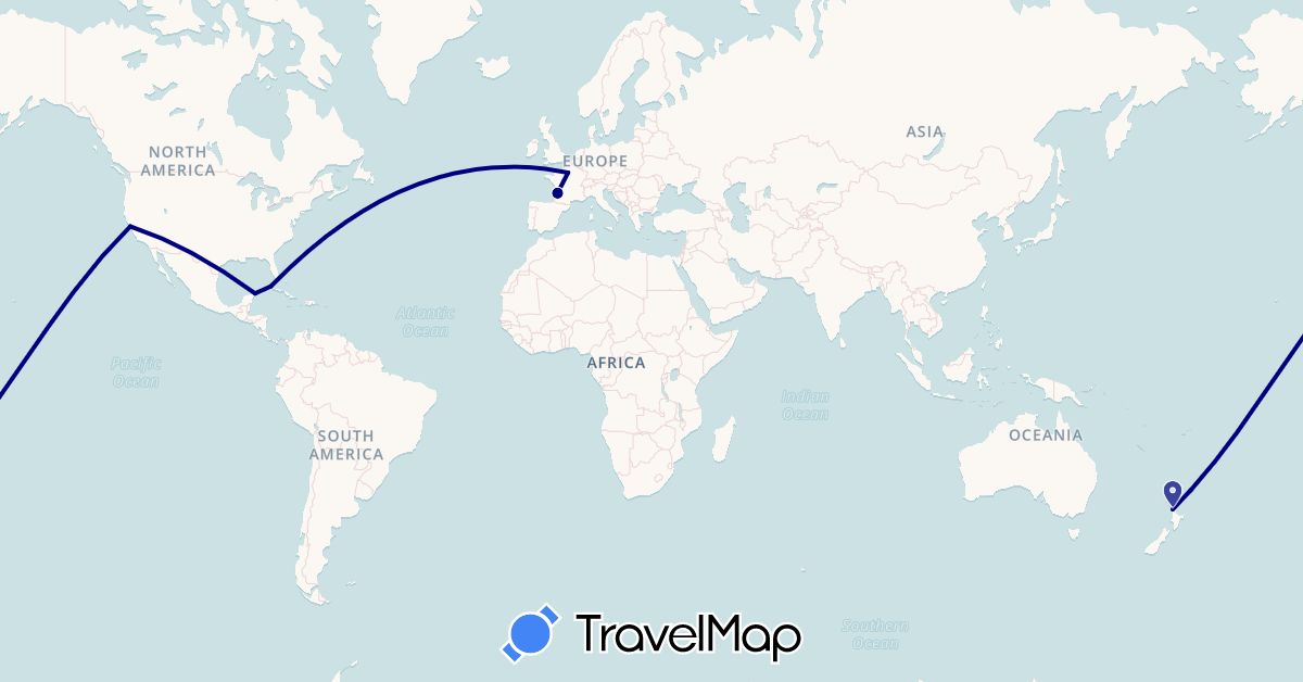 TravelMap itinerary: driving in Cuba, France, Mexico, New Zealand, United States (Europe, North America, Oceania)